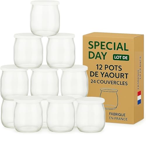 SPECIAL-DAY 12 pots yaourts en verre avec 24 couvercles hermétiques