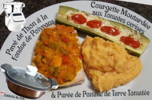 Pavés de thon à la fondue de poivrons, courgettes moutardées aux tomates cerises & purée de pommes de terre aux tomates - Cuisson vapeur sur 3 niveaux